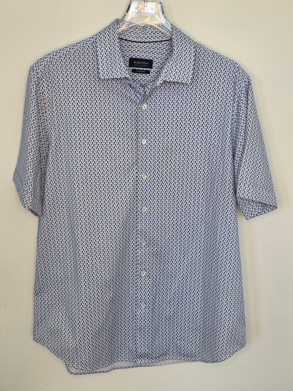Bugatchi OoohCotton Tech Geometric Print Short Sleeve Button Up Shirt Blue L